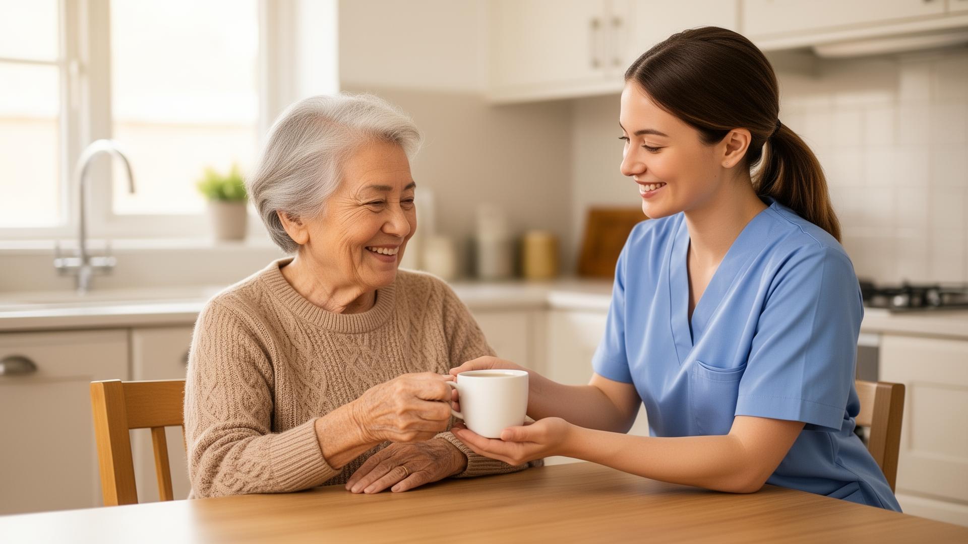 Aged care worker assisting elderly woman at home